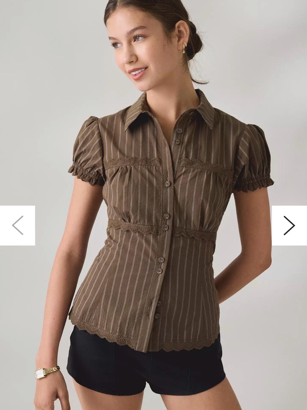 BDG CAROLYN lace trim puff button down